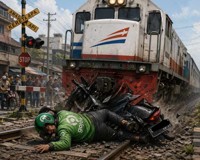 Seorang Pengemudi Ojek Tertabrak  kereta Api Di Medan